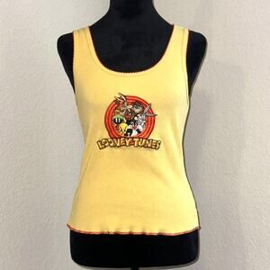 Looney Tunes Tank Top Women's Large Yellow Cotton Ribbed Sleeveless Round Neck